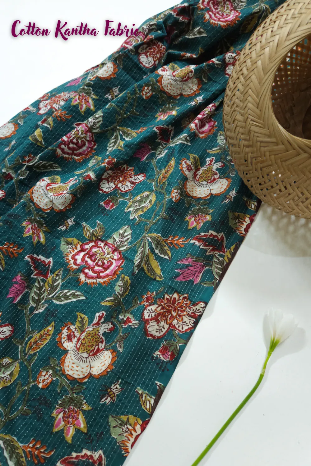 Turquoise Shade Base Jaipuri Multicolour Flowers Print, Cotton Kantha.
