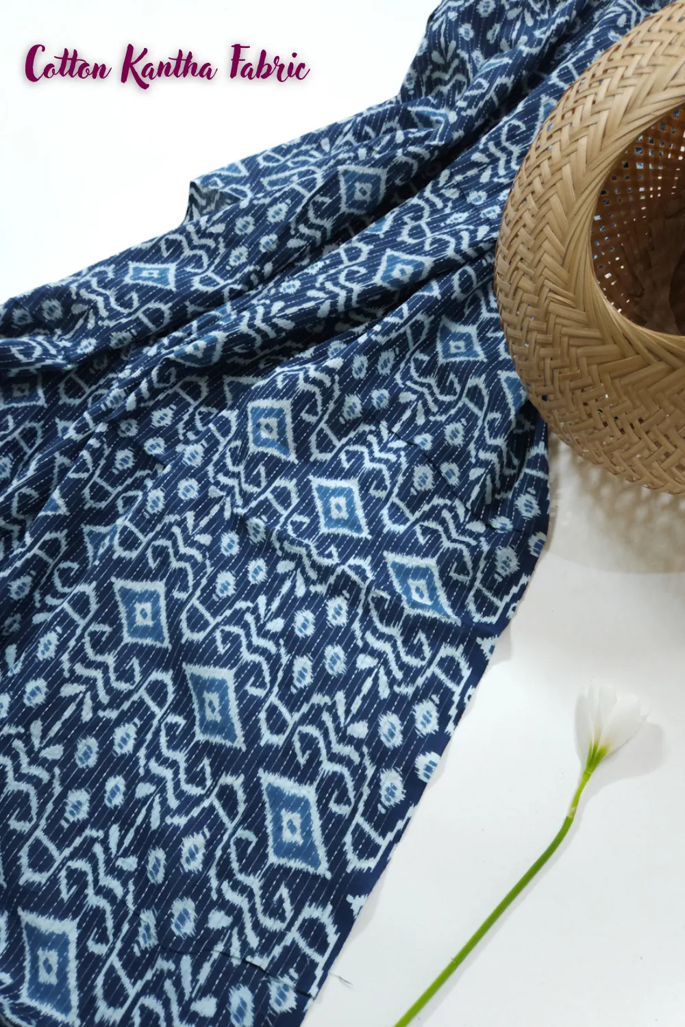 Indigo Blue Shade Base Geometric Print, Cotton Kantha.
