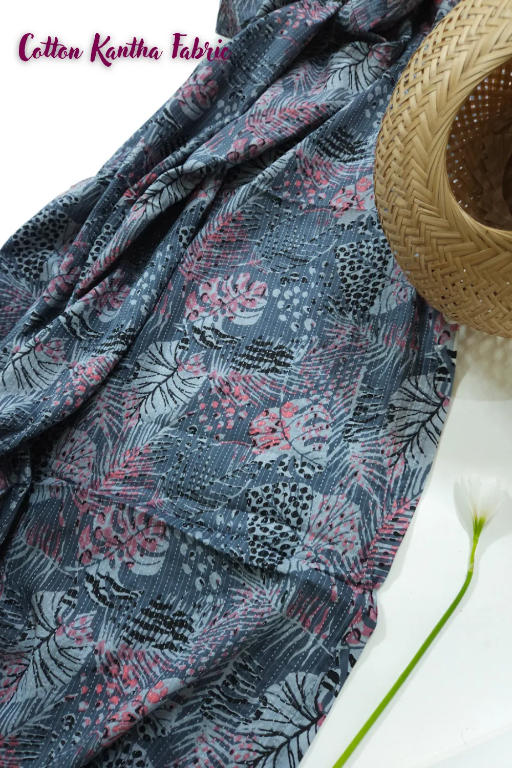 Grey Shade Base Jaipuri Kantha Print, Cotton Kantha.
