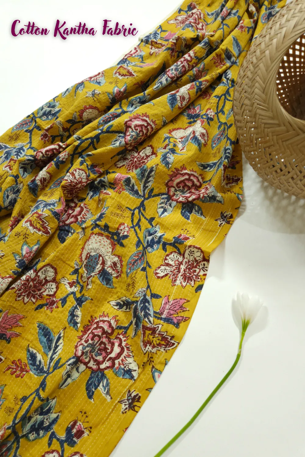 Yellow Shade Base Multicolour Flowers Jaal Print, Cotton Kantha.
