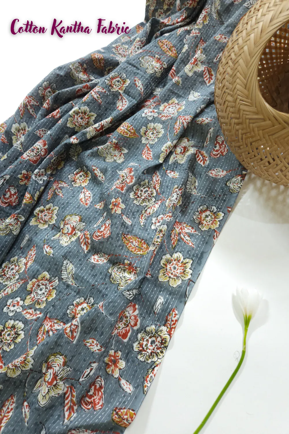 Grey Shade Base Traditional Flowers Block Print, Cotton Kantha.