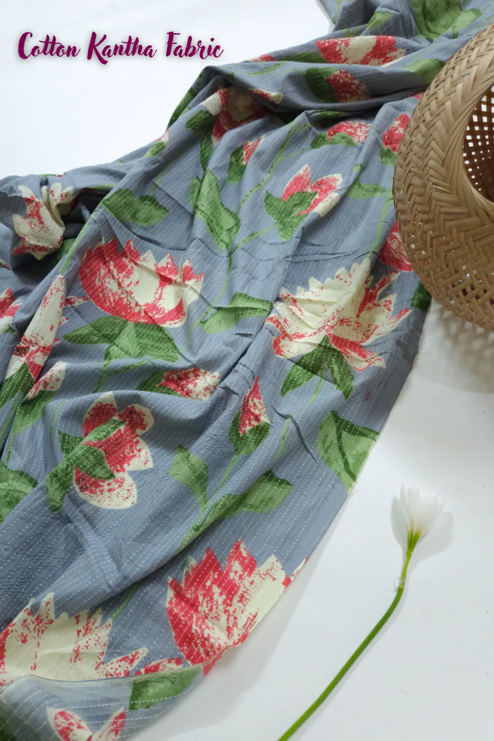 Grey Shade Base Multicolour Flower Block Print, Cotton Kantha.