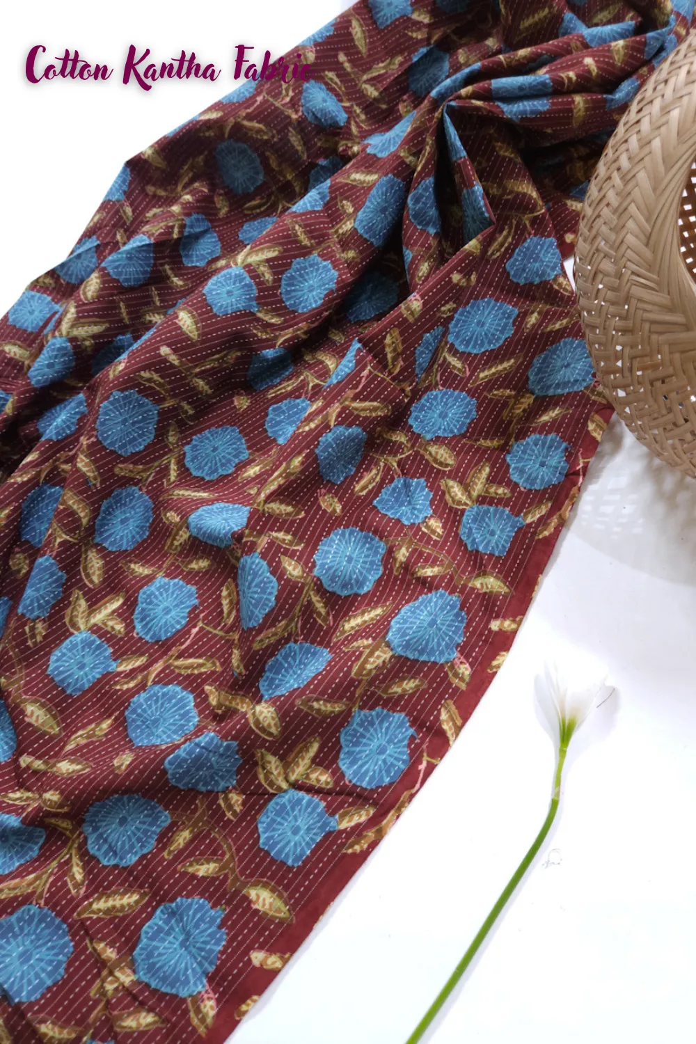 Maroon Shade Base Jaipuri Flower Jaal Block Print, Cotton Kantha.