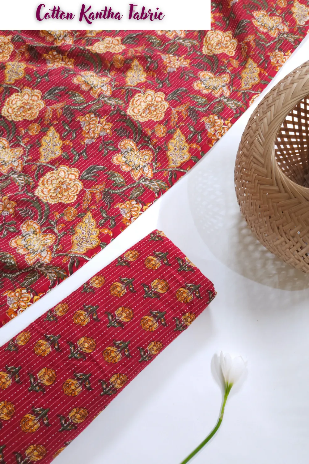 Red Shade Base Jaipuri Flower Jaal Print On Top With Matching Butty Print.