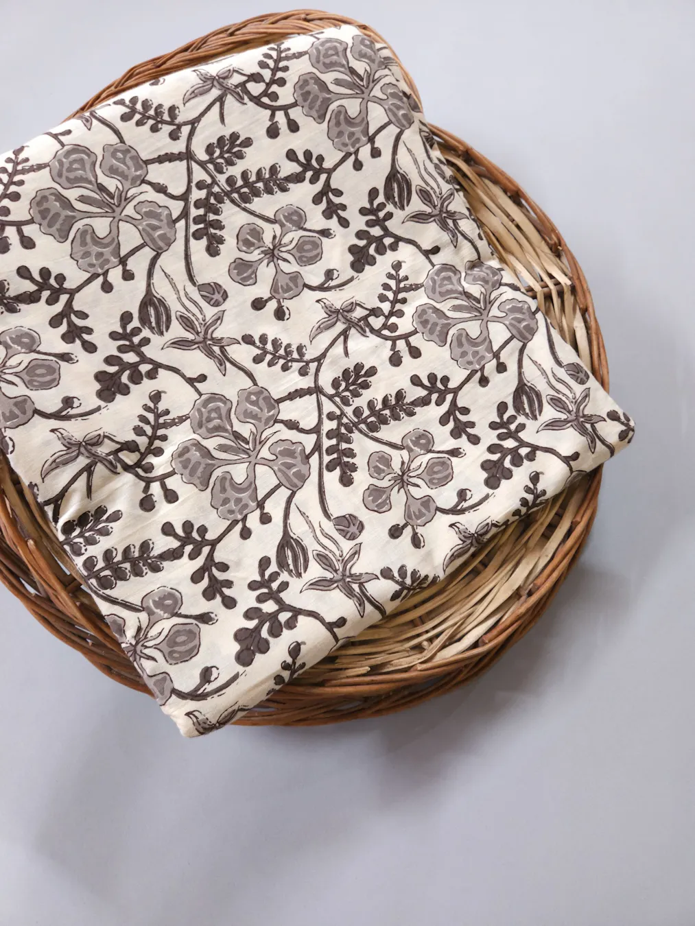 Kalamkari Cotton Handblock Fabric beige base with brown Shade Flower prints