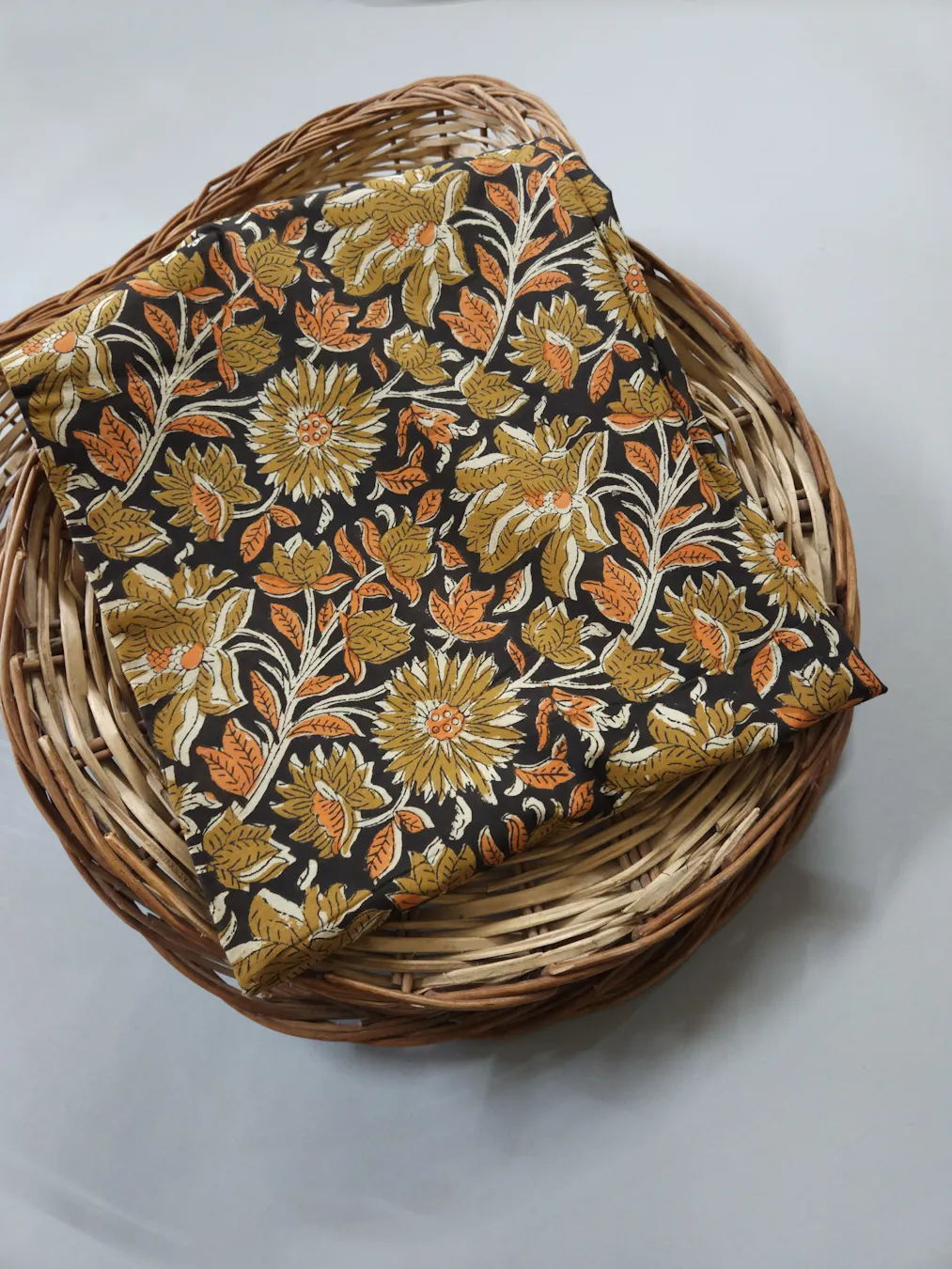 Kalamkari Handblock Printed Fabric in Black base with mustard and yellow jaal