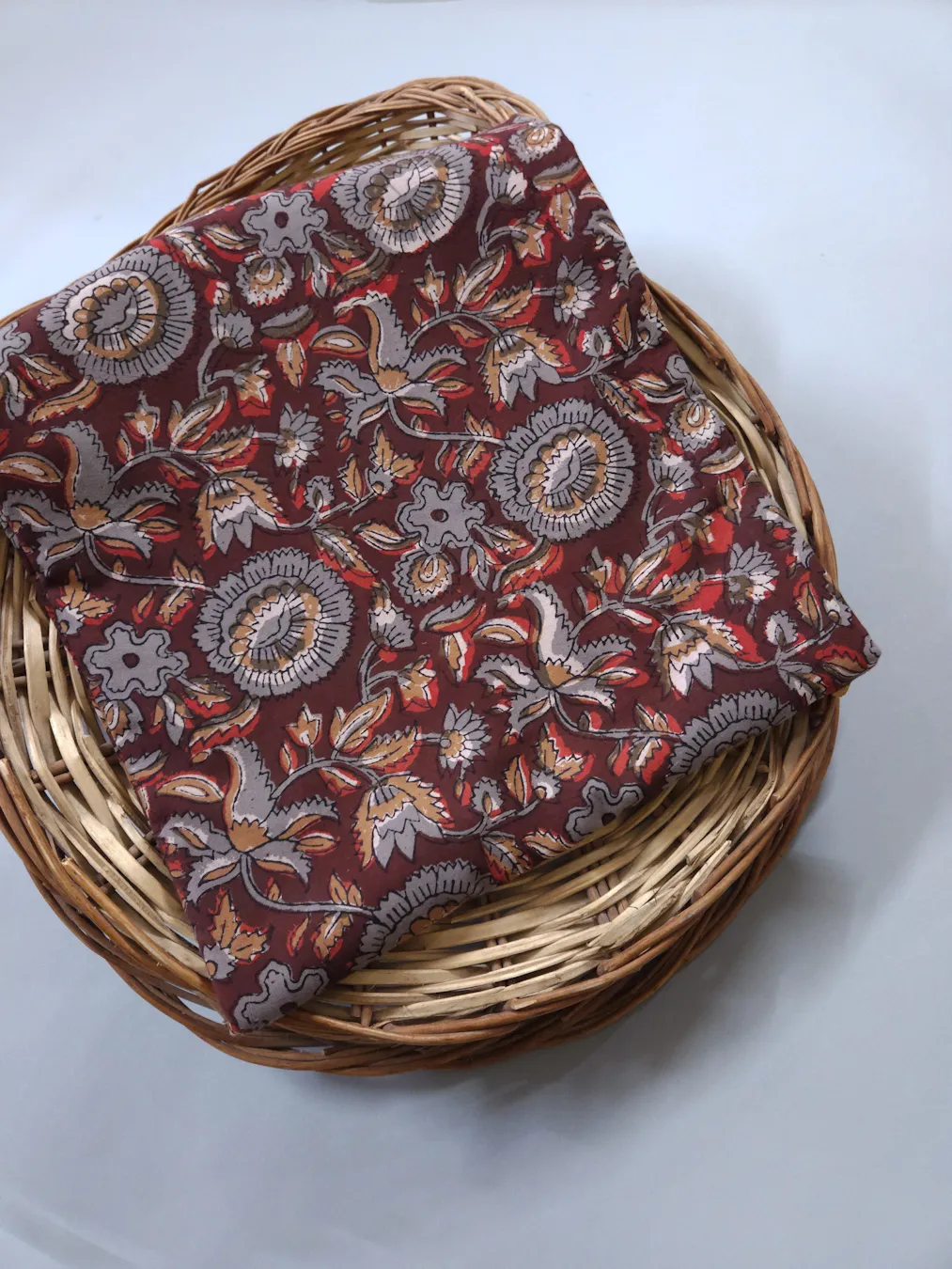Kalamkari Handblock Printed Dark Maroon brown basw with grey flowers
