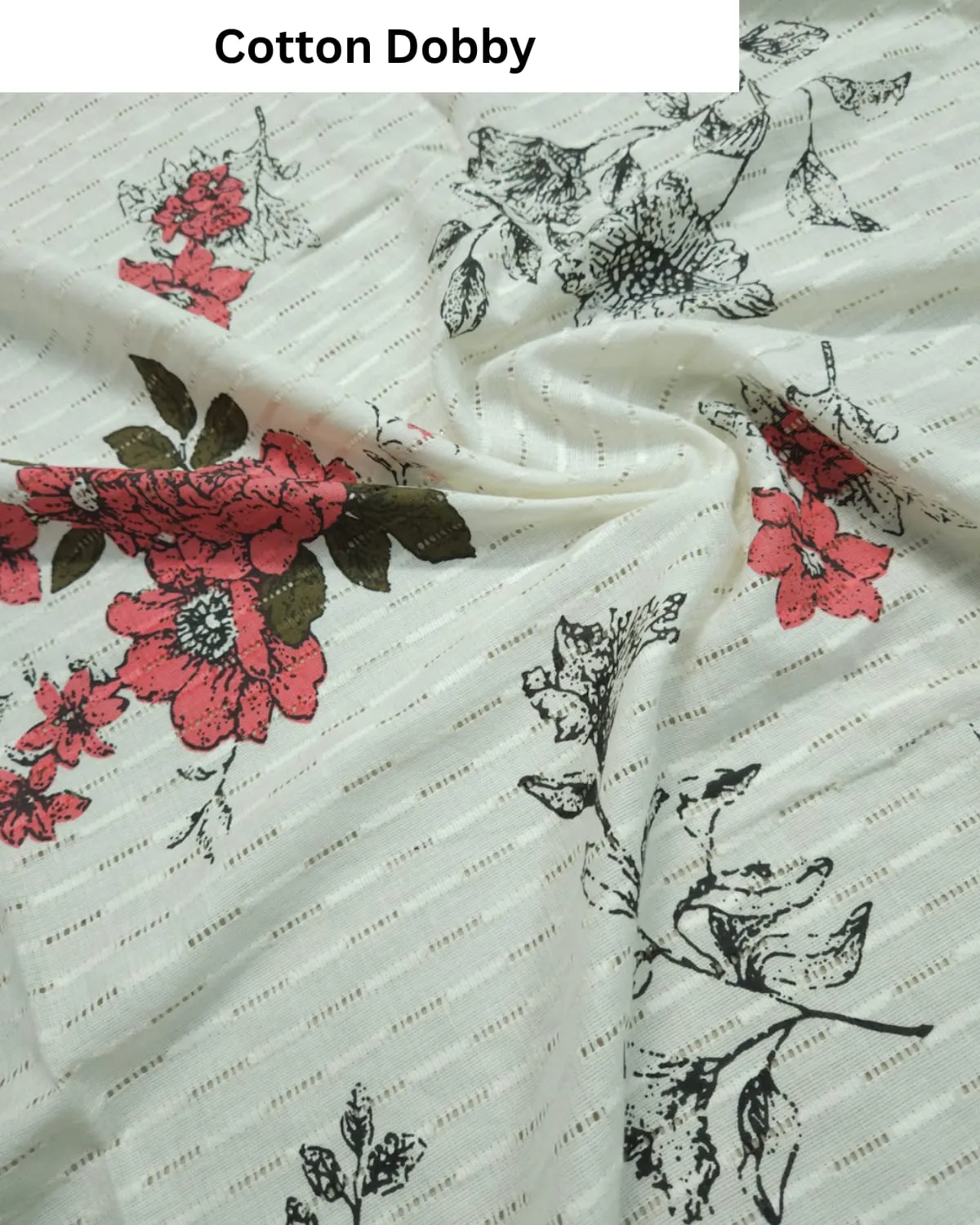 White Base with Strip Cotton Dobby red and Black Shade Flower