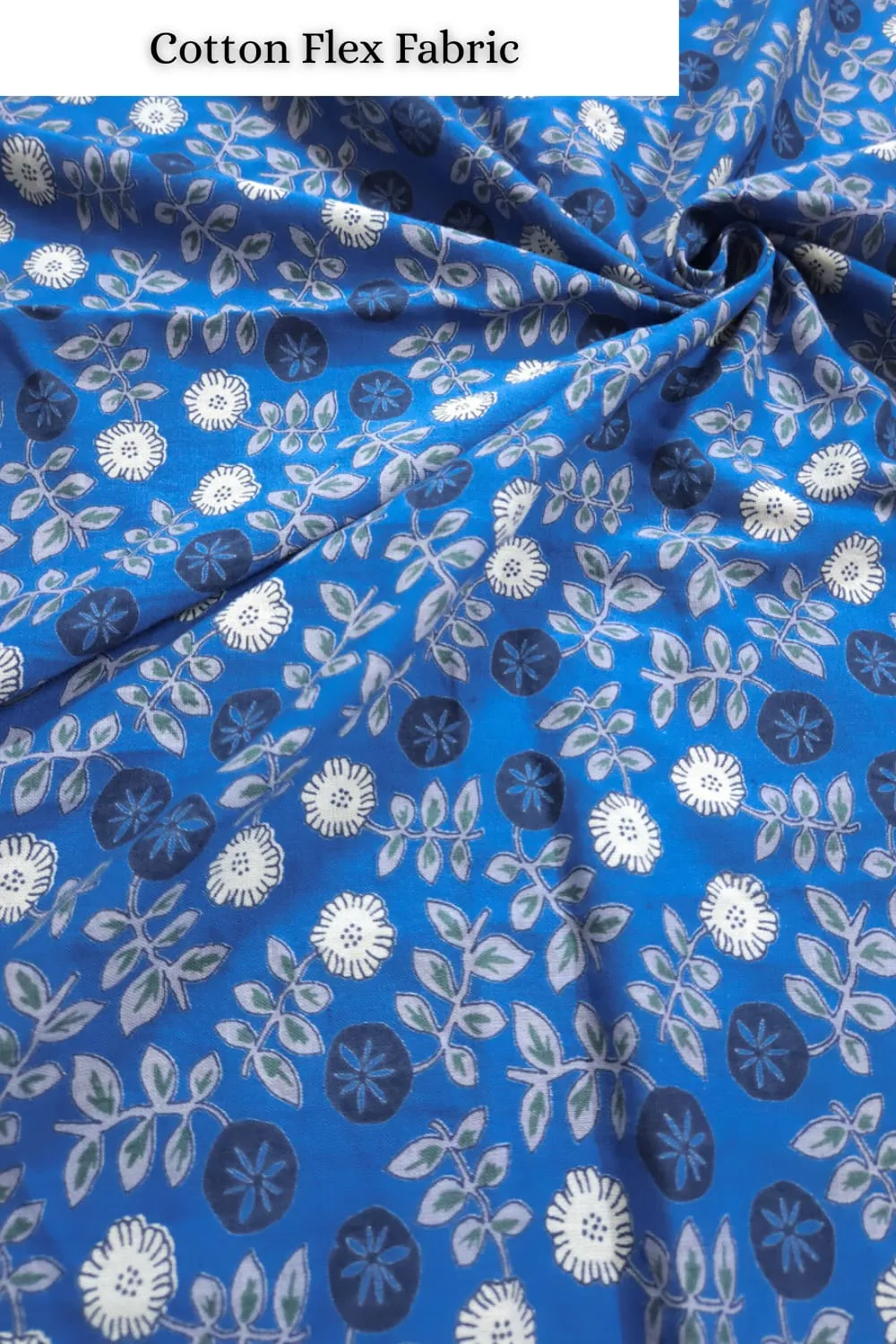 Royal blue base with black and grey floral cotton flex fabric