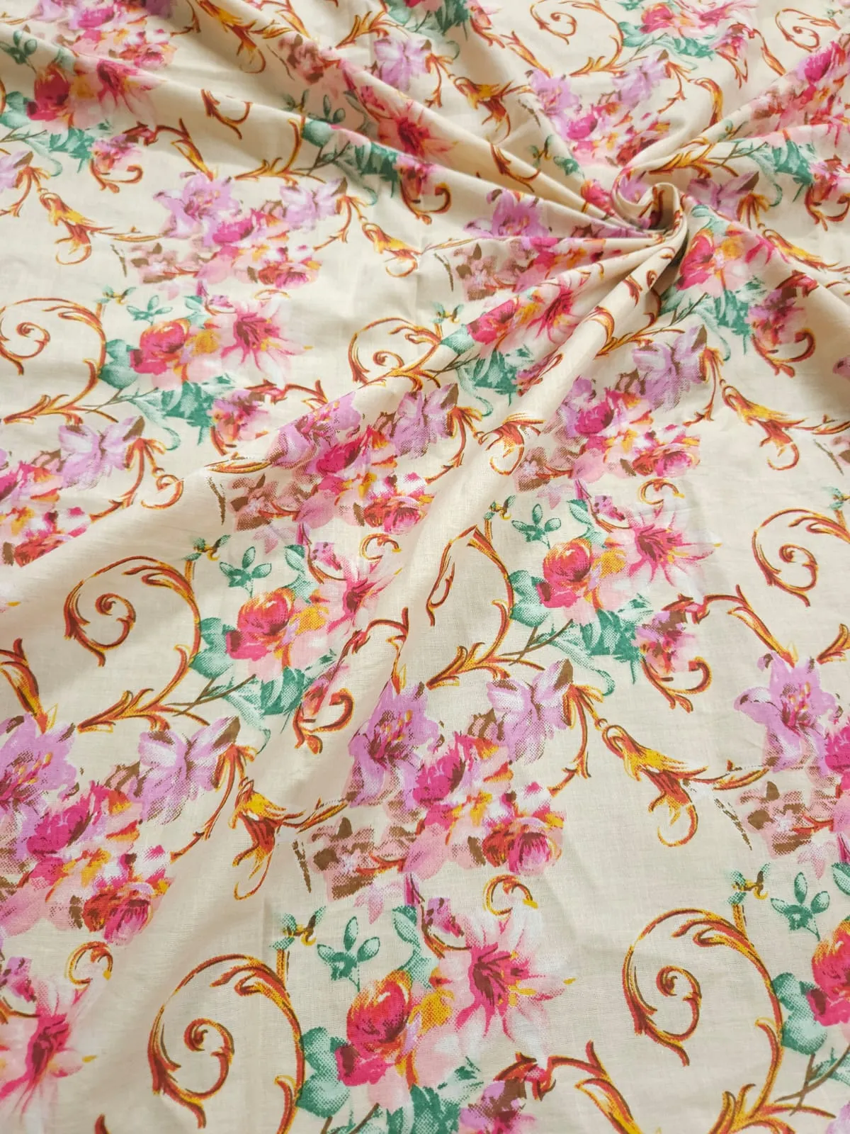 Cream base with magenta and pink boutique floral printed cotton cambric