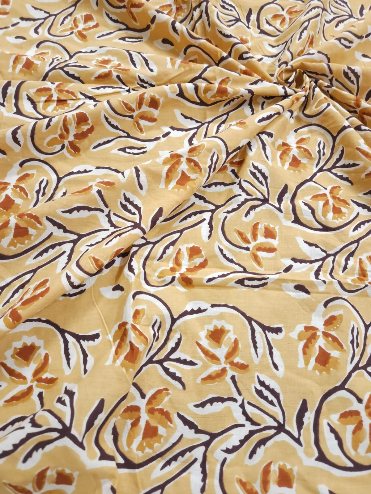 Mustard Cream Base with brown and white jaal sanganeri printed jaipuri cotton