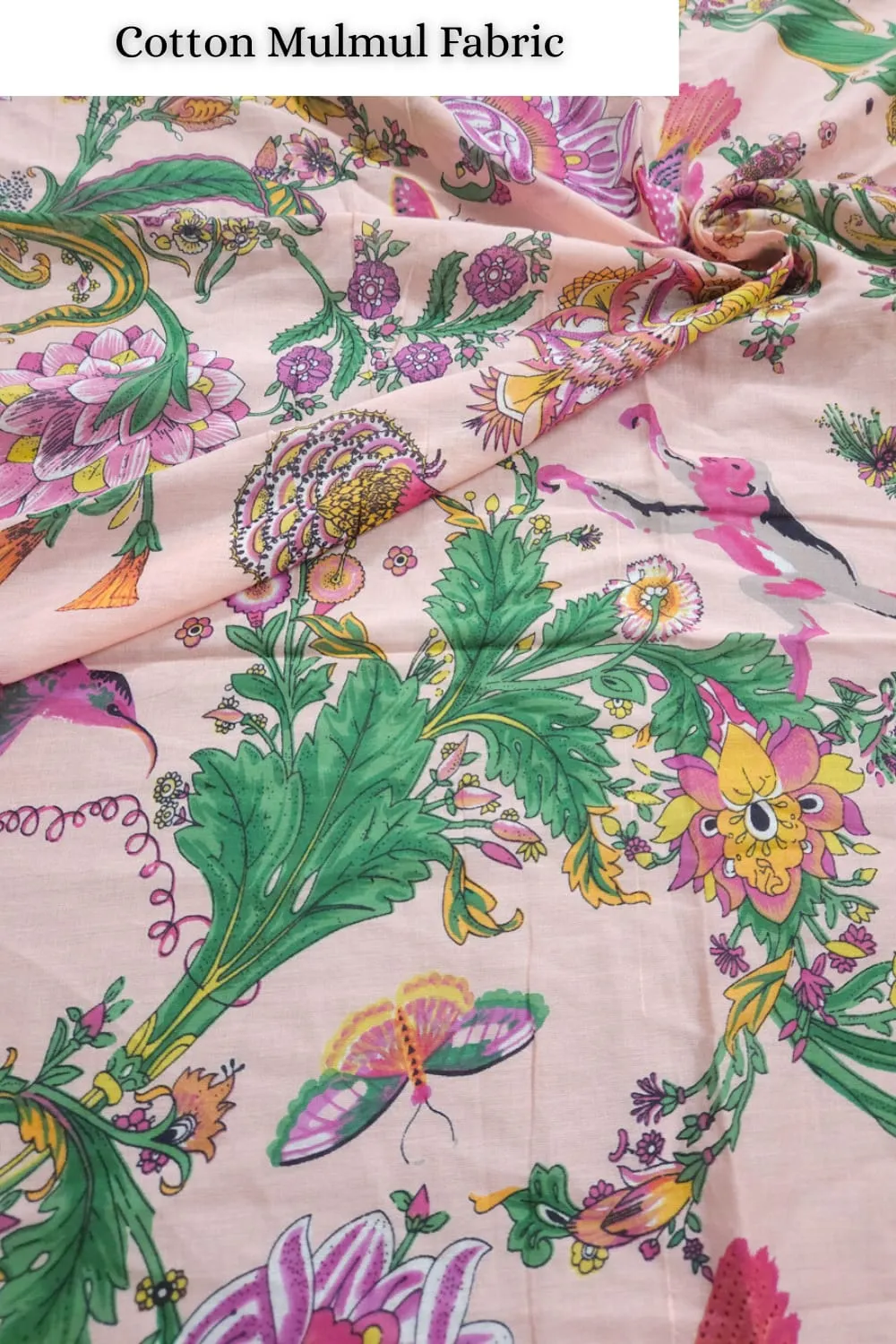 Pink base with multiflower jungle printer cotton mulmul fabric