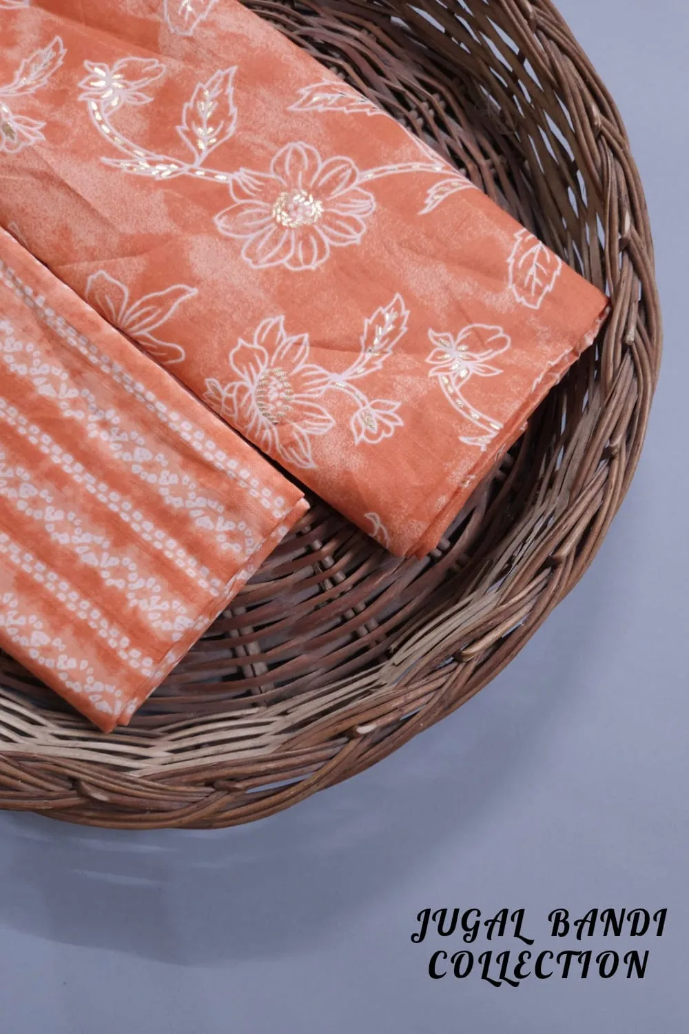 Peach Orange Shade Base Flower Jaal With Stripes Bottom.