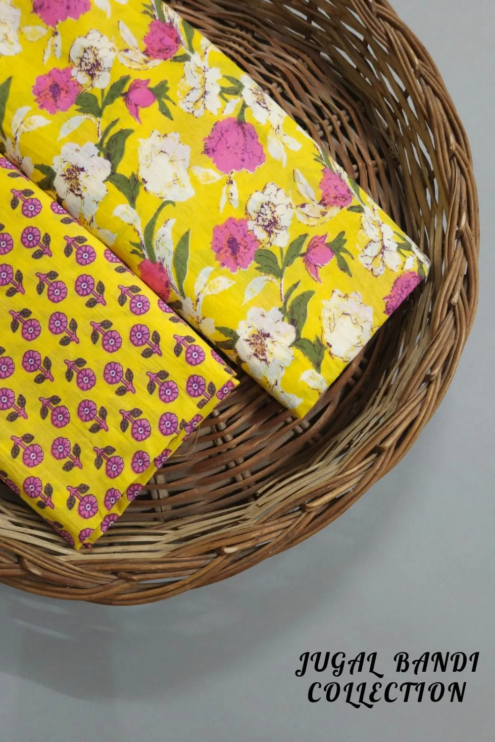 Yellow Shade Base Mix And Match Of Jaipuri Flower Jaal With Jaipuri Butty Bottom.