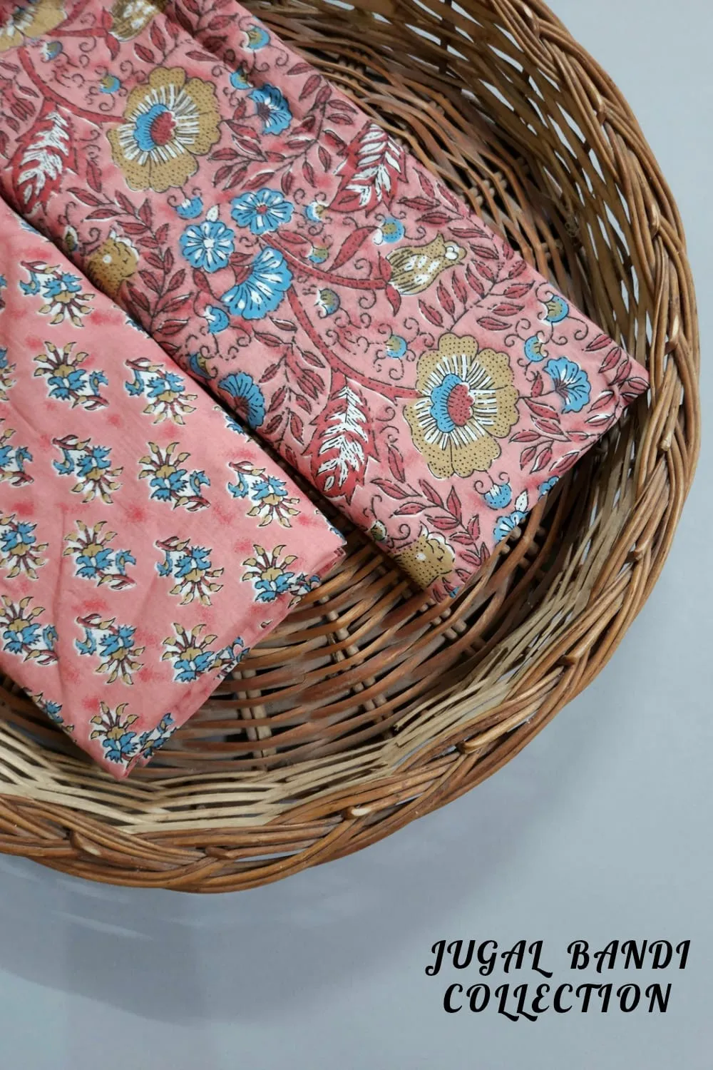 Pastel Peach Shade Base Multicolour Flower Jaal Block Print With Matching Butty Print,
