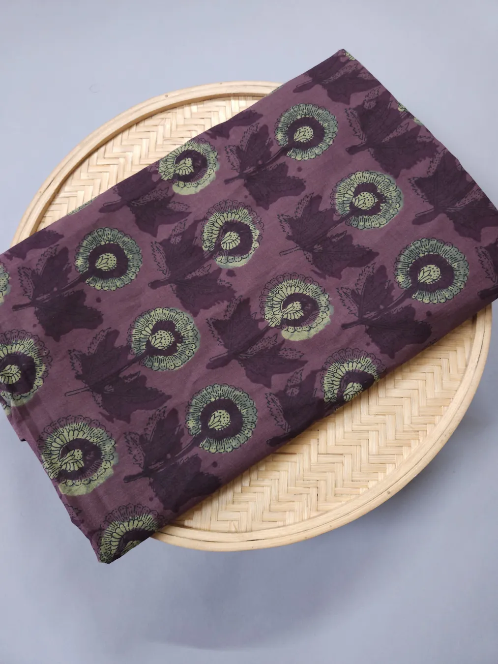 Wine Base with Light Mud Shade Leaf Block Ajrakh Printed Fabric