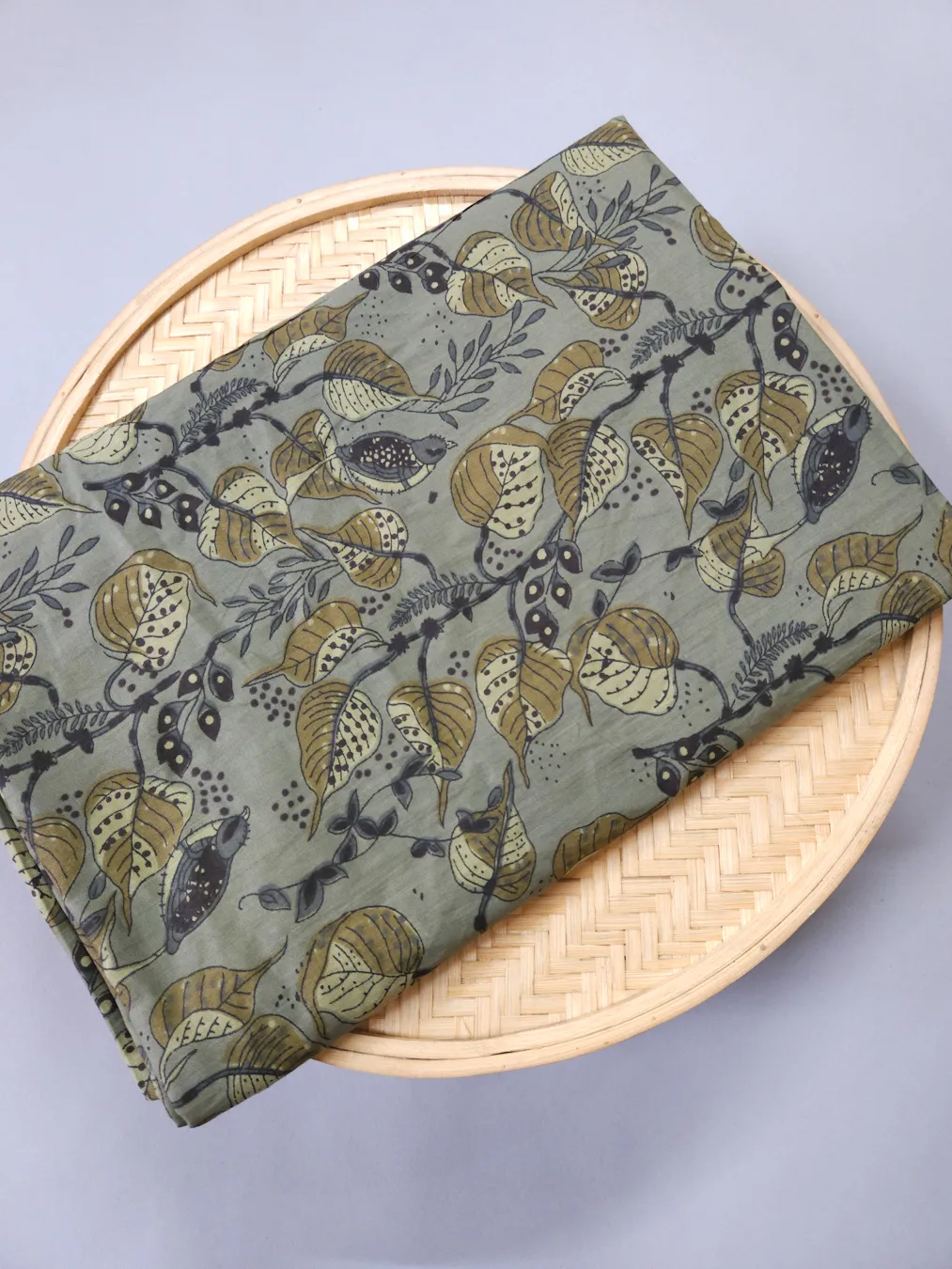 Light Mud Leaf Green Jaal Printed Ajrakh Cotton Fabric