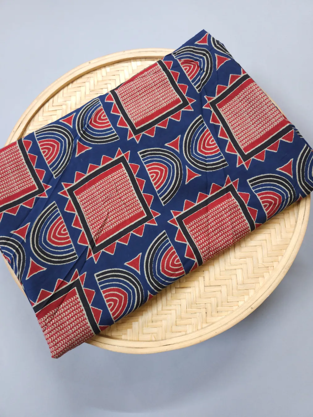 Indigo Base with Maroon Abstract square shaped Rangoli Ajrakh Printed Cotton Fabric