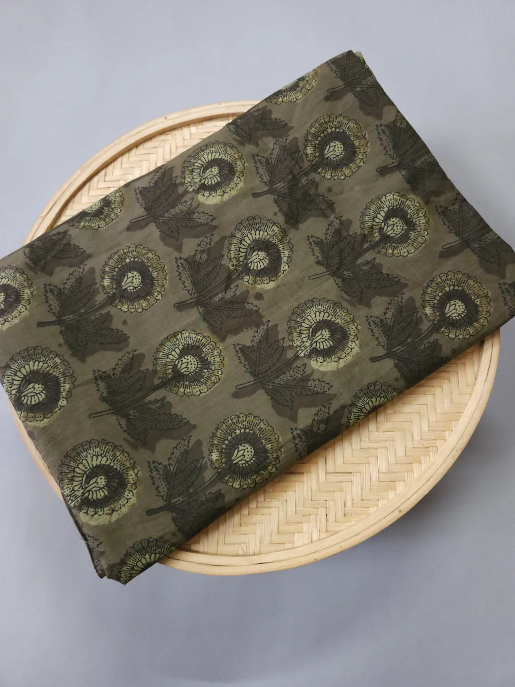 Mehandi Leaf Green Sunflower Block Printed Ajrakh Cotton Fabric