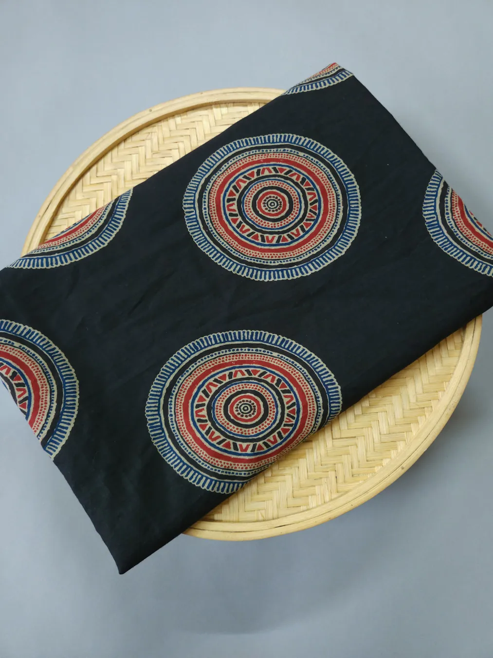 Black Base with Round Printed Rangoli Ajrakh Cotton Fabric
