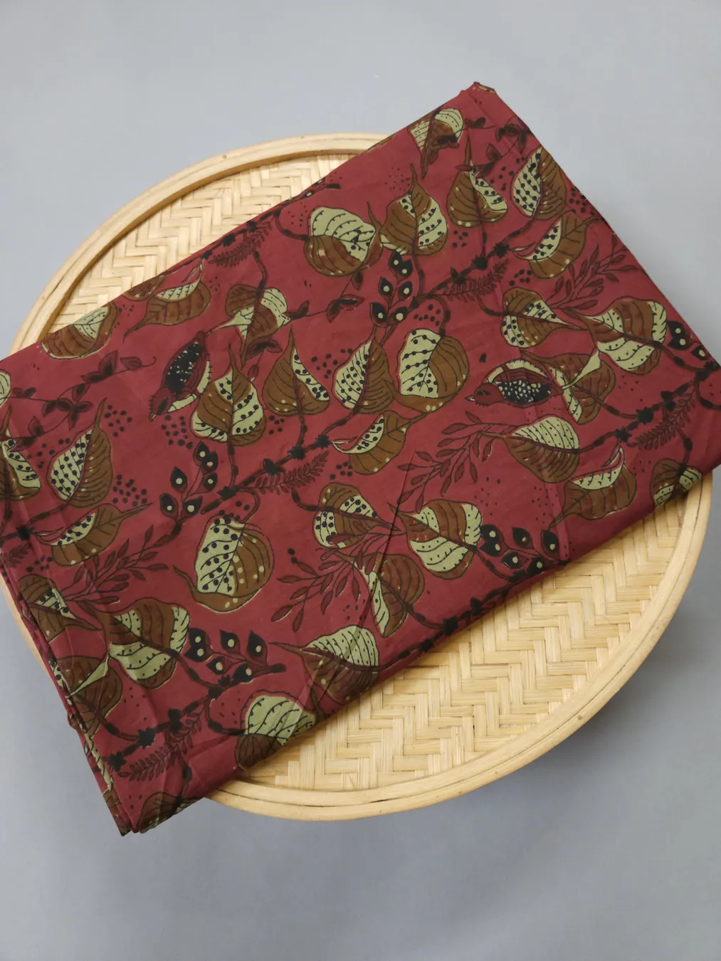 Rust Maroon Base with Mustard Leaf Jaal Printed Ajrakh Cotton Fabric