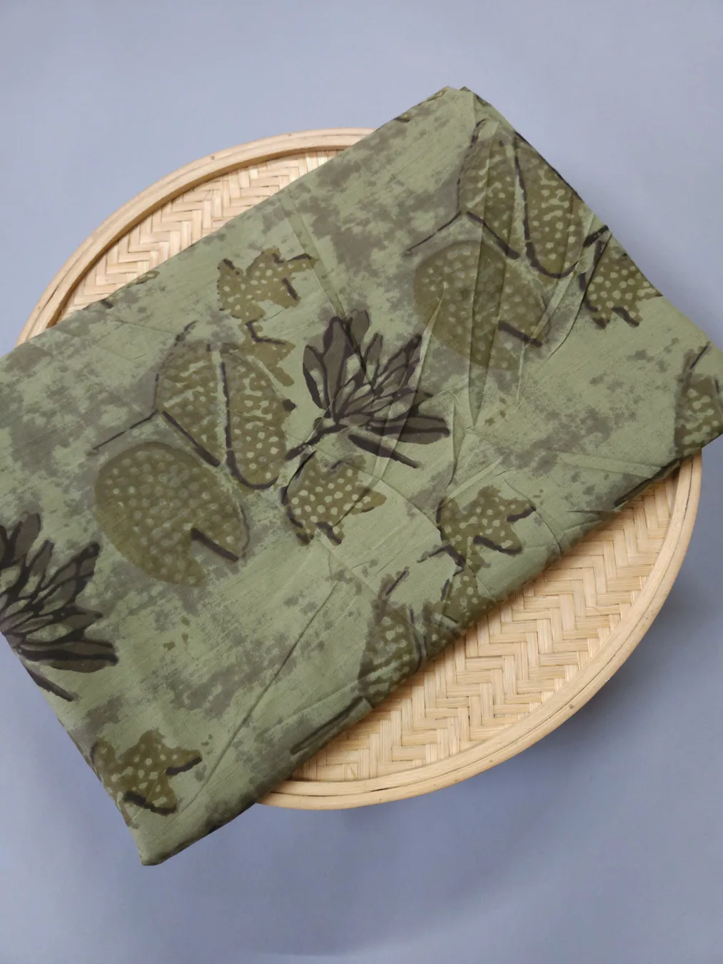 Light Mehandi Base with Green abstract Printed Ajrakh Cotton Fabric