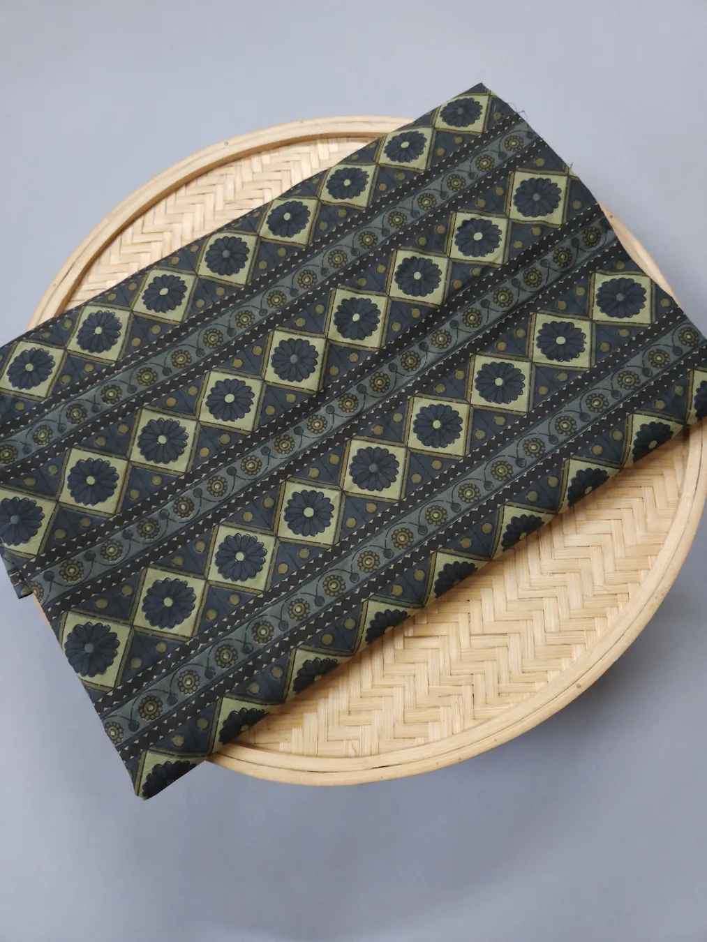 Dark Olive Green Base with Mud Strips Printed Ajrakh Cotton Fabric