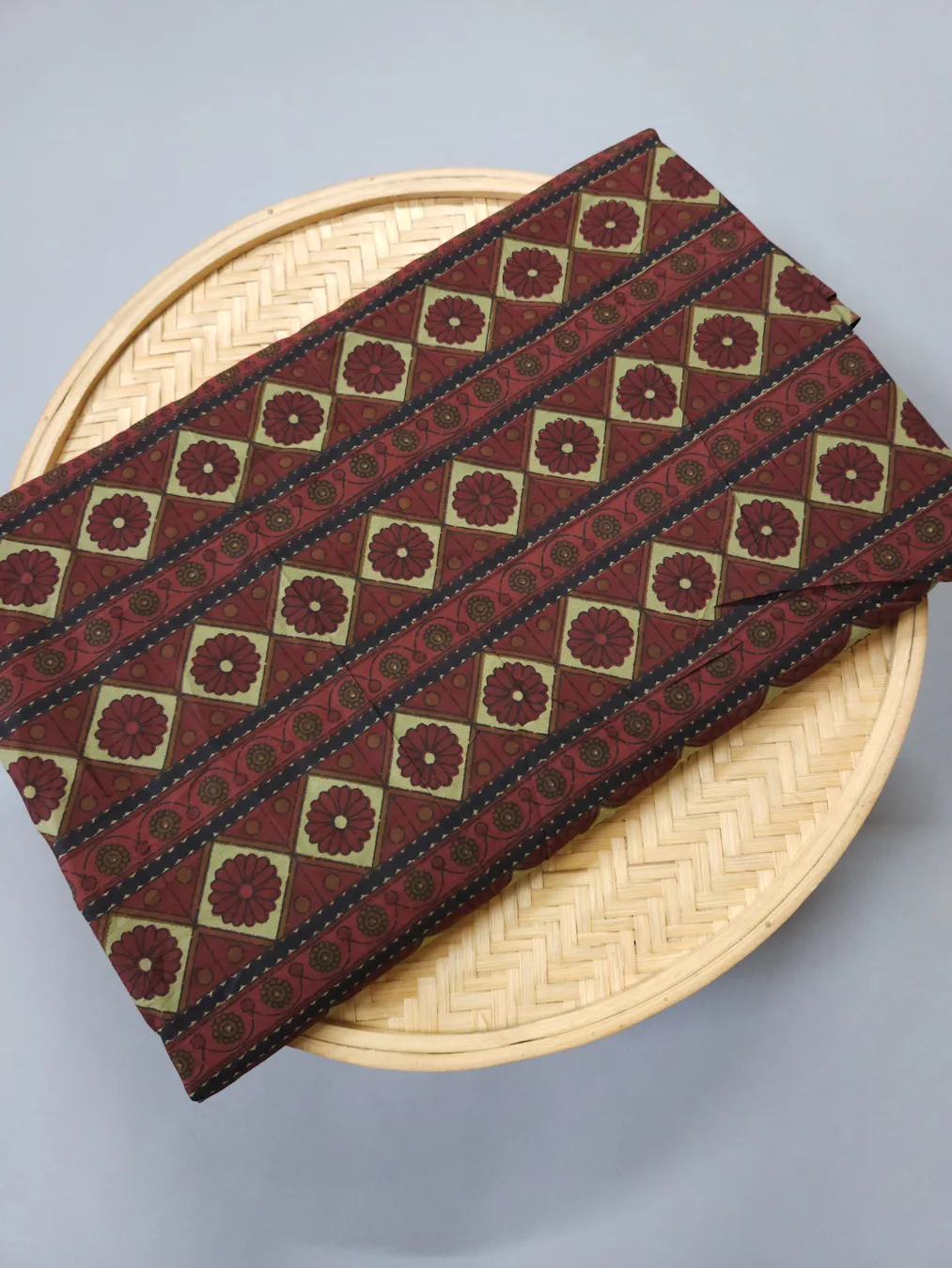 Rust Maroon Base with Mud Strips Printed Ajrakh Cotton Fabric