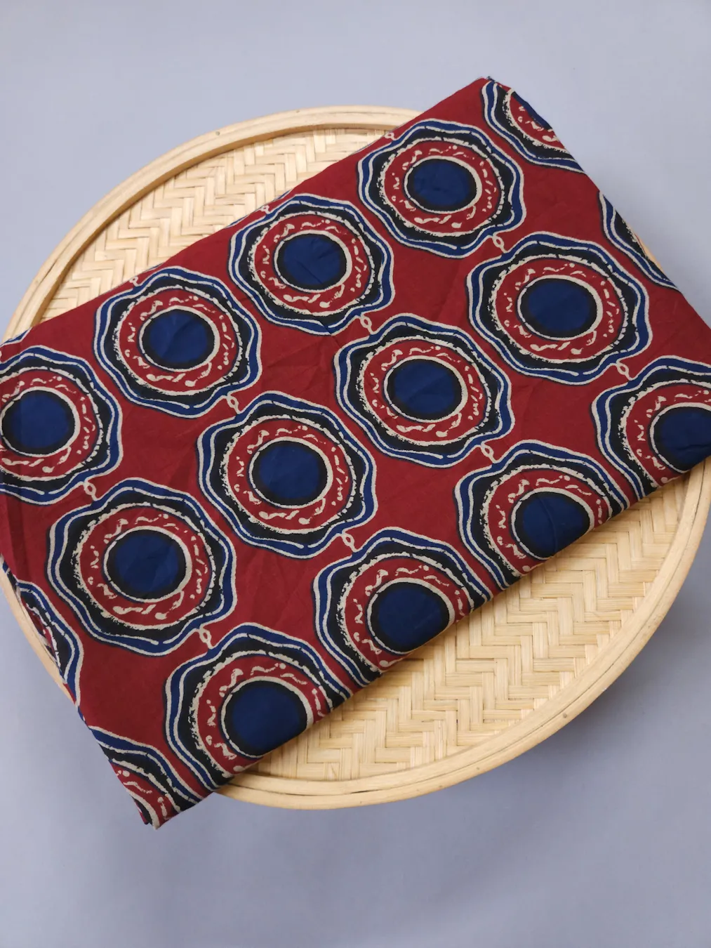 Maroon Base with Indigo Blue Polka Ajrakh Printed Cotton Fabric