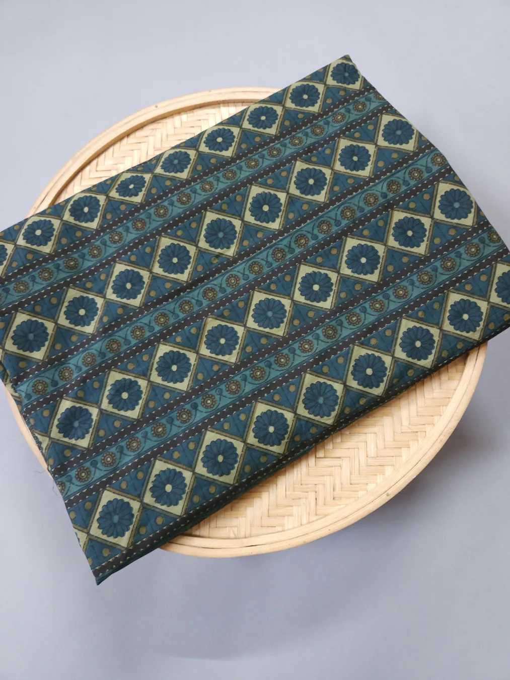 Teal Green Base with Mud Strips Printed Ajrakh Cotton Fabric