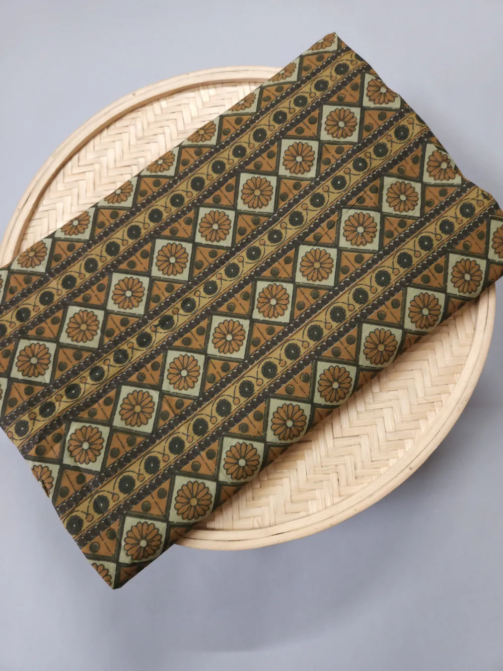 Mustard Yellow Base with Mud Strips Printed Ajrakh Cotton Fabric