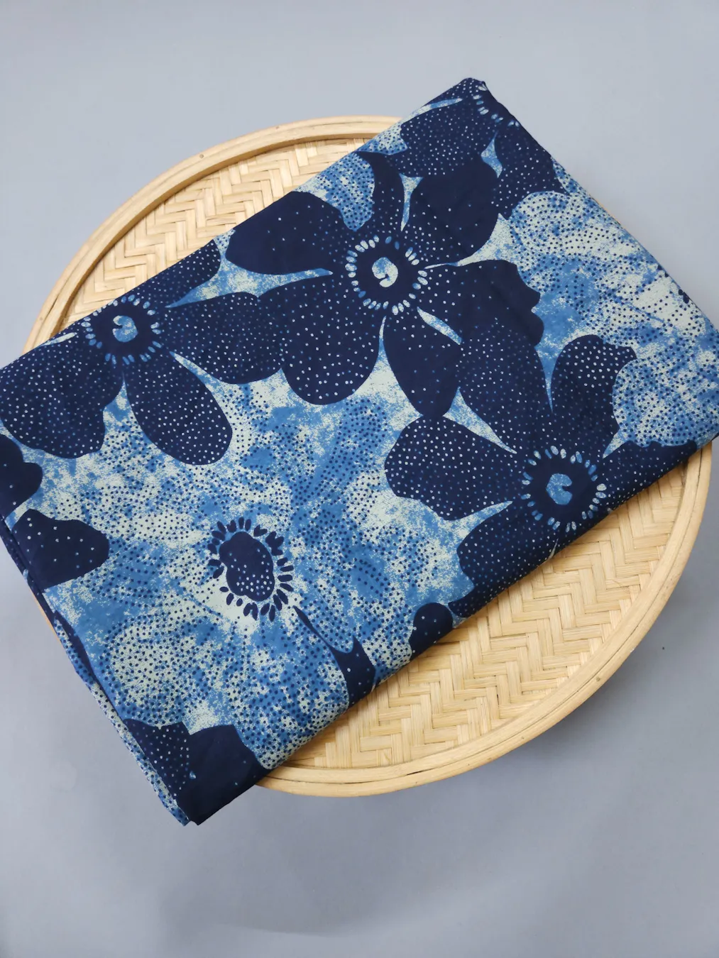 Indigo Blue Big Flower Printed Ajrakh Cotton Fabric