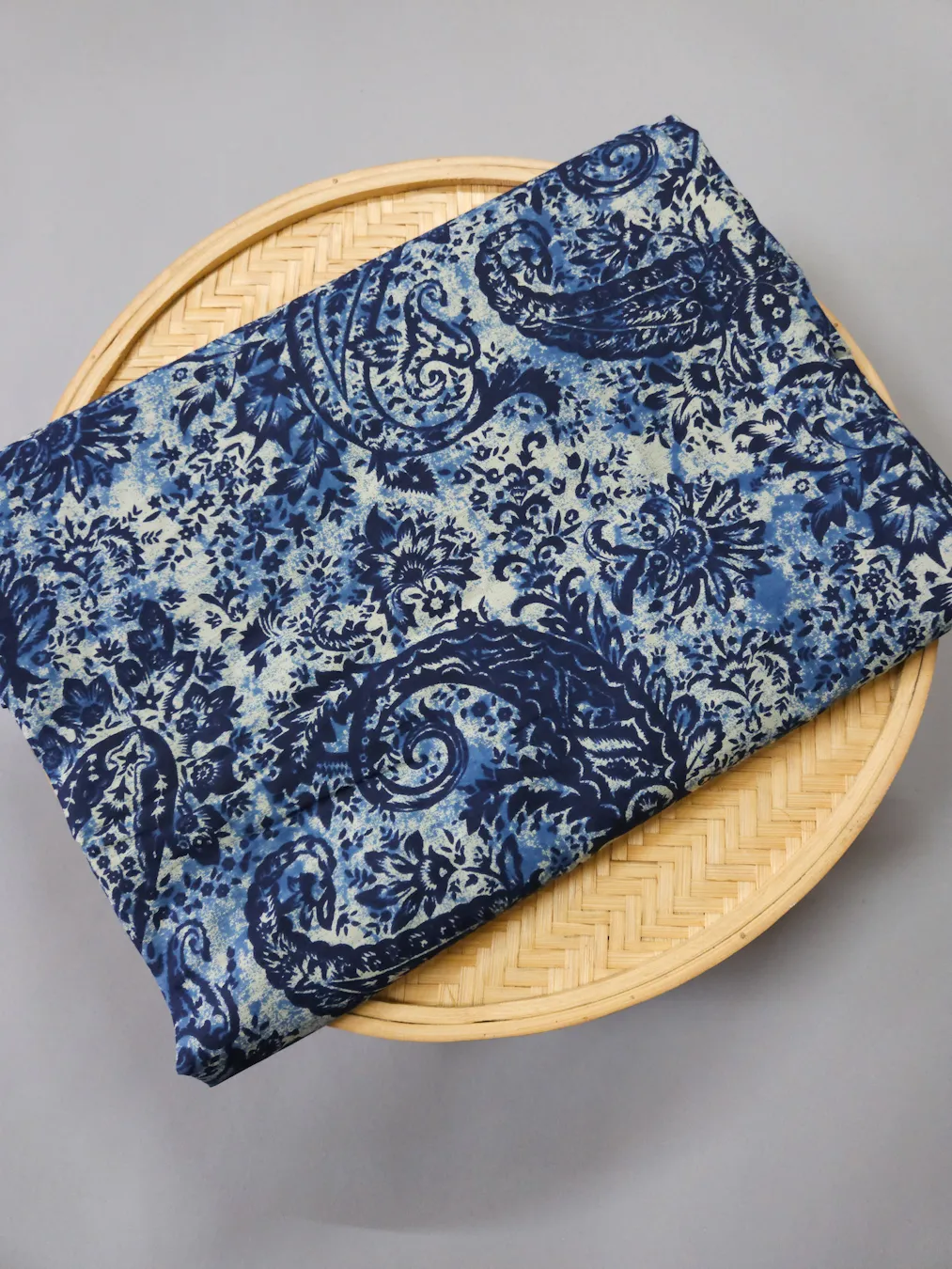 Indigo Paisley Jaal Printed Ajrakh Cotton Fabric