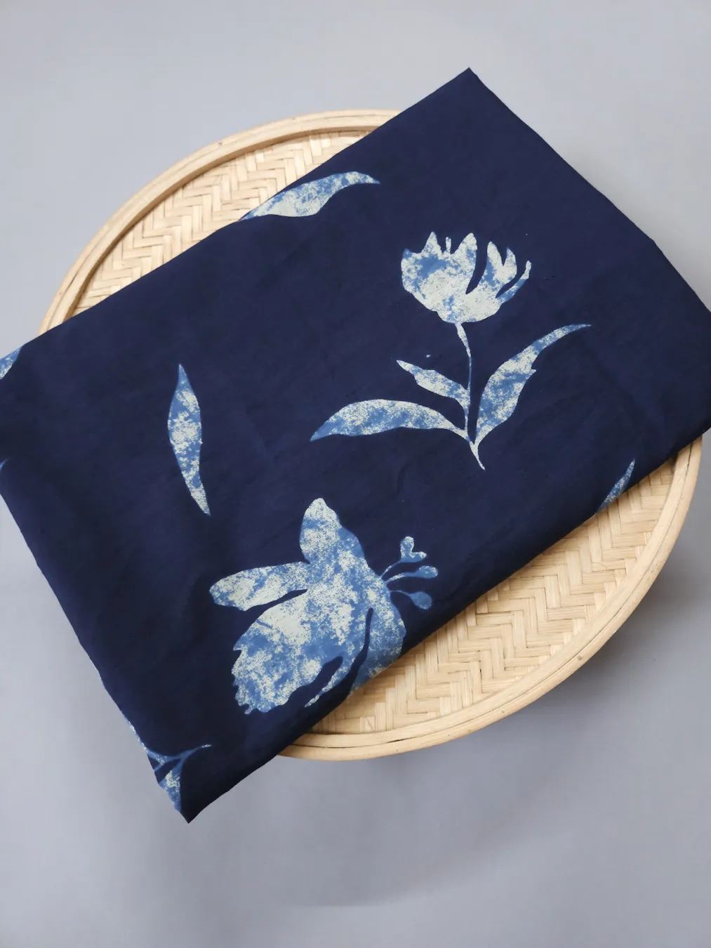 Indigo Base White Single Flower Printed Ajrakh Cotton Fabric
