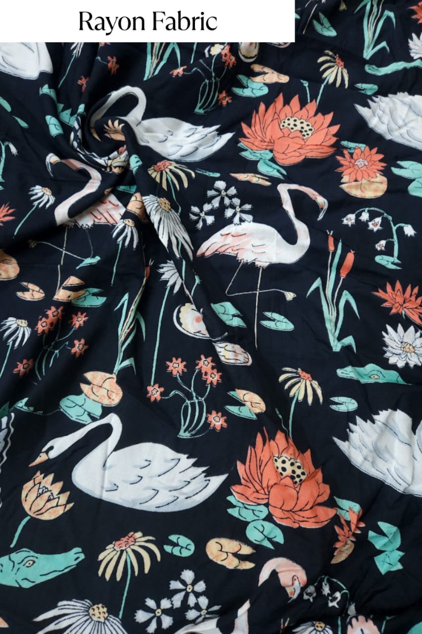 Black shade base flowers and flamingo figures print on overall fabric, rayon fabric.