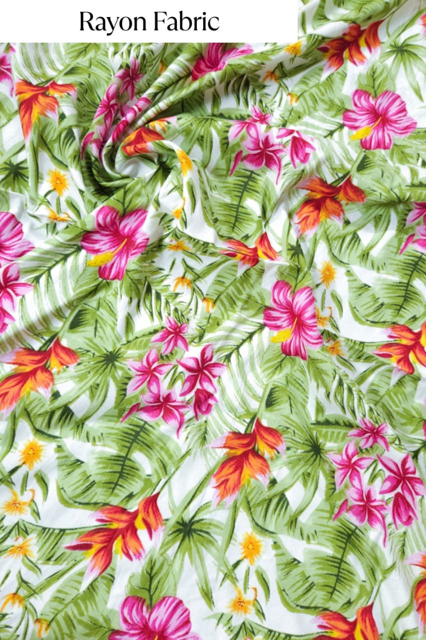 White shade base multi colour flowers and leaves print, rayon fabric.