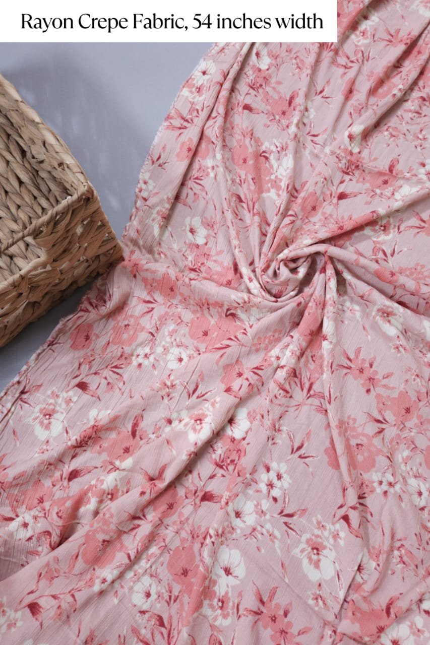 Pastel shade base flowers jaal print on overall fabric, rayon crepe.